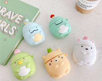 Kawaii Animal and Plant AirPods Case with Keychain for AirPods 1, 2 and AirPods Pro, Kawaii Cute AirPods Case, Silicone AirPods Case