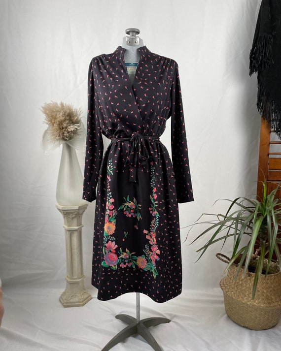 1970s Black Floral Faux Wrap Dress
