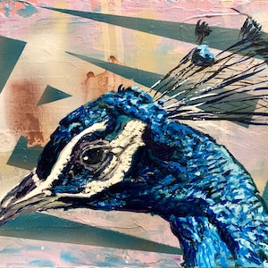 Pavo real pensativo: pintura acrílica original sobre laminado (23x18 cm)