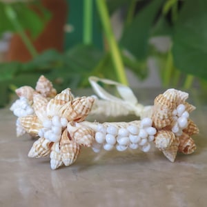 May include: A handcrafted seashell bracelet featuring a series of small, light brown and white seashells. The bracelet is adorned with small white beads and a white ribbon. The bracelet is a decorative accessory.