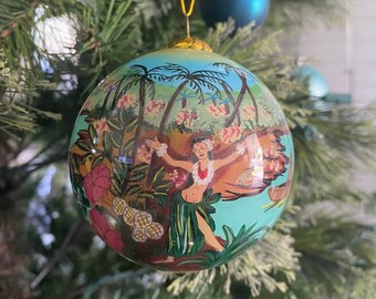 Hawaiian Hand Painted Hawaii Hula Girls Dancers & Kupuna Luau Dancing Christmas Glass Ornament