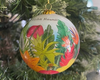 Hand-Painted Hawaiian Red & Yellow Hibiscus Flower Hawaii Island Tropical Plants Foliage Christmas Glass Ornament