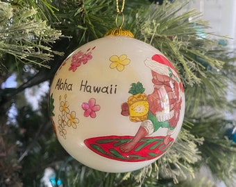 Hawaiian Hand Painted Aloha Bear Snowman Surfing Island Tiki Mele Kalikimaka Hawaii Christmas White Glass Ornament