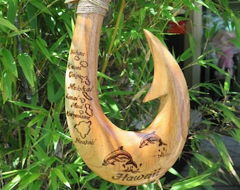 Hawaiian Islands Hand Made Wall Decor Plaques Solid Wood Polynesian Fish Hook Engraved Tribal Design