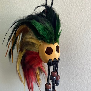 1&quot; Kamani Nut Rasta Colored Feathers Ikaika Hawaiian Warrior Helmet Hawaii Car Decor