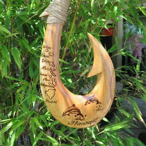 Hawaiian Islands Hand Made Wall Decor Plaques Solid Wood Polynesian Fish Hook Engraved Tribal Design