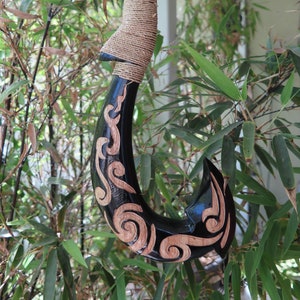 Hawaii Hand Made Wall Decor Plaques Solid Black Wood Polynesian Fish Hook Engraved Tribal Scrolling Design