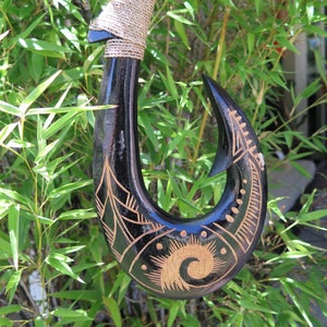 Hawaiian Hand Made Wall Decor Plaques Solid Black Wood Polynesian Fish Hook Engraved Waves Tribal Design