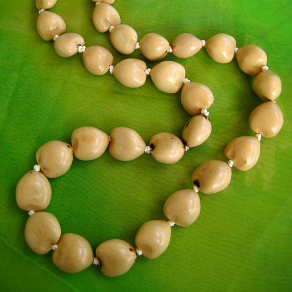 Beige Kukui Nut Lei Hawaiian Necklace Luau Wedding Graduation Gift