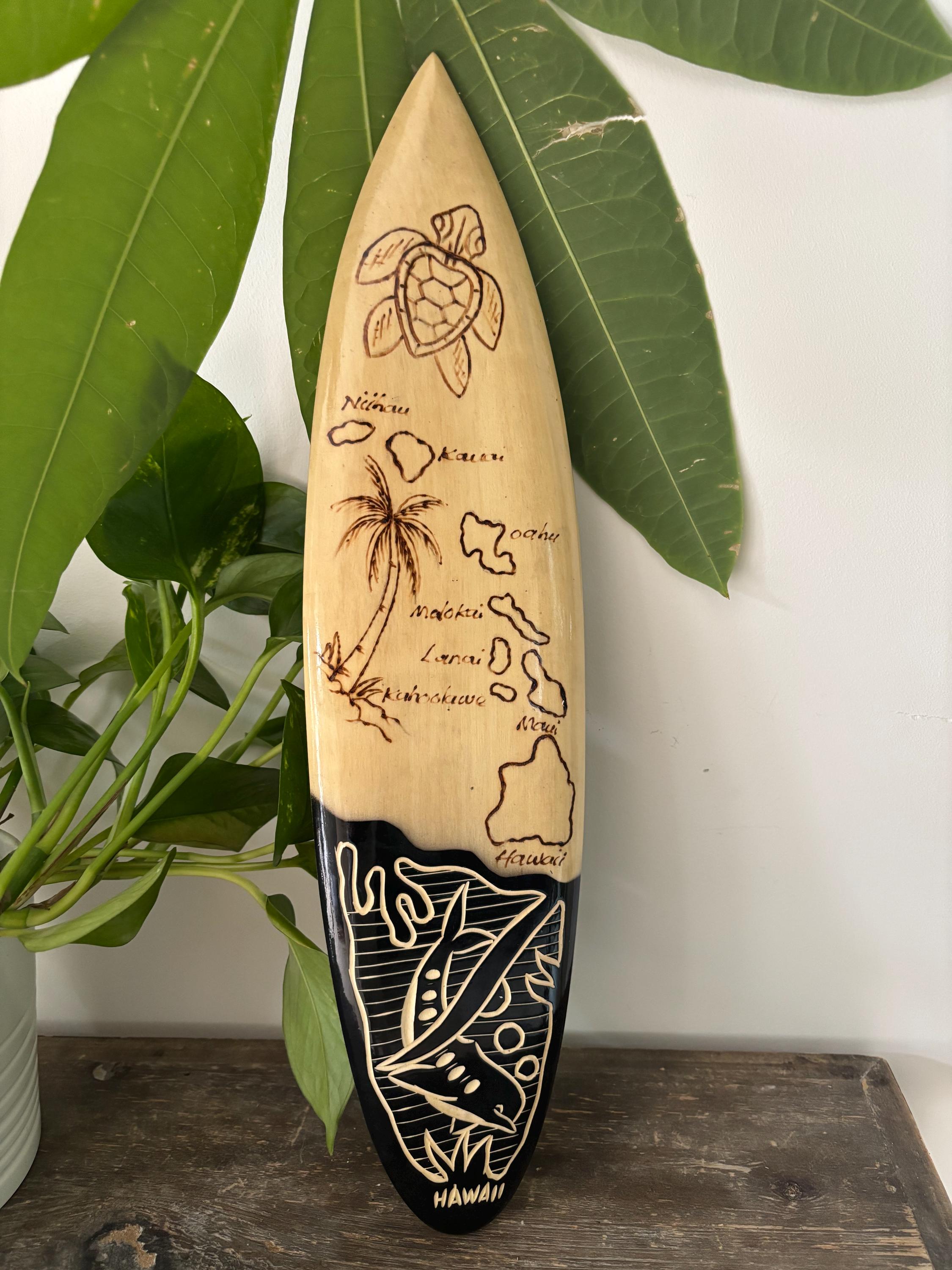 Hawaiian Hand Made 16" Carved Burned Wood Surfboard Home Decor Engraved ...