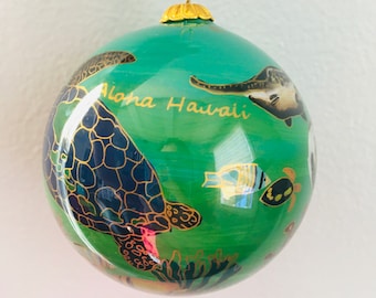 Hand Painted Hawaiian Honu Sea Turtle Hawaii Ocean Life Christmas Glass Ornament