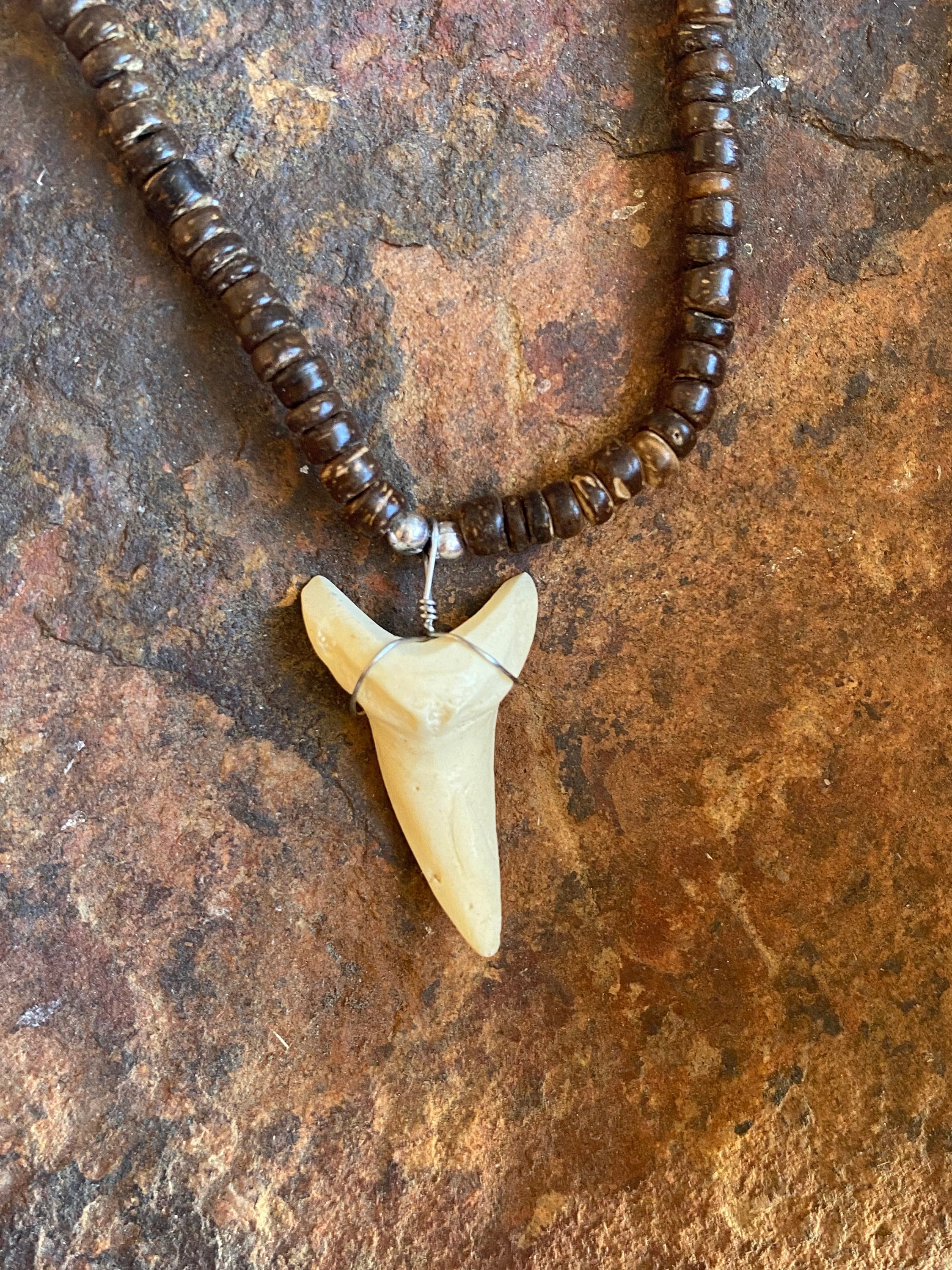 Hawaiian Design Jewelry Bone Powder Shark Tooth w/ 18" Coconut & Wood Beads Necklace