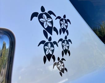 Black 9" Hawaiian Turtles Honu Plumeria Hawaii Vinyl Decal Car / Truck Window Sticker