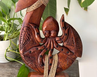 Hawaiian Hand Made Solid Carved Wood Polynesian Octopus on Fish