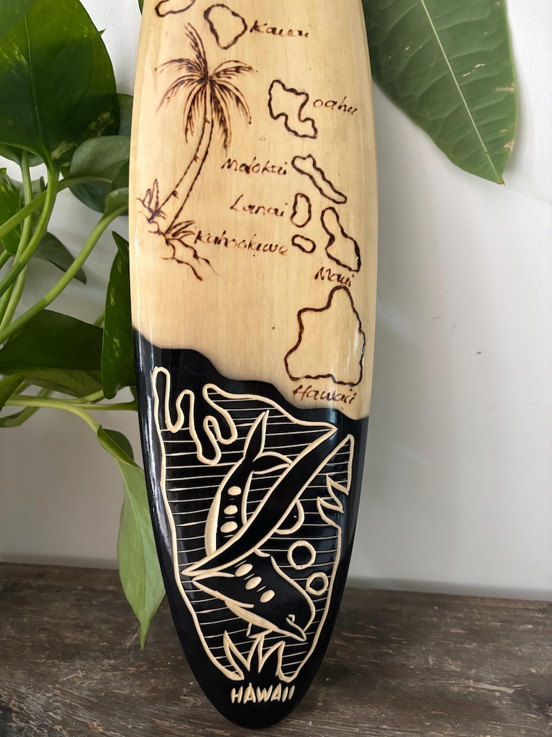 Hawaiian Hand Made 16" Carved Burned Wood Surfboard Home Decor Engraved ...
