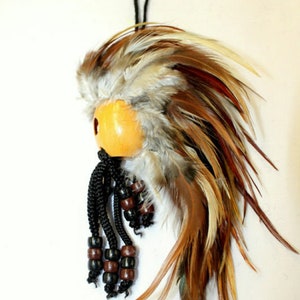 1&quot; Kamani Nut Brown and White Feathers Ikaika Hawaiian Warrior Helmet Hawaii Car Decor