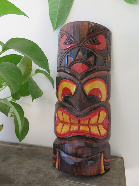 ハワイ製 木製彫刻 1974年製 ハワイ諸島 ハンドメイド 彫刻 木製 12インチ ティキマスク 壁飾り