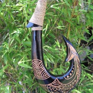 Hawaii Hand Made Wall Decor Plaques Solid Black Wood Polynesian Fish Hook Engraved Tribal Scrolling Design