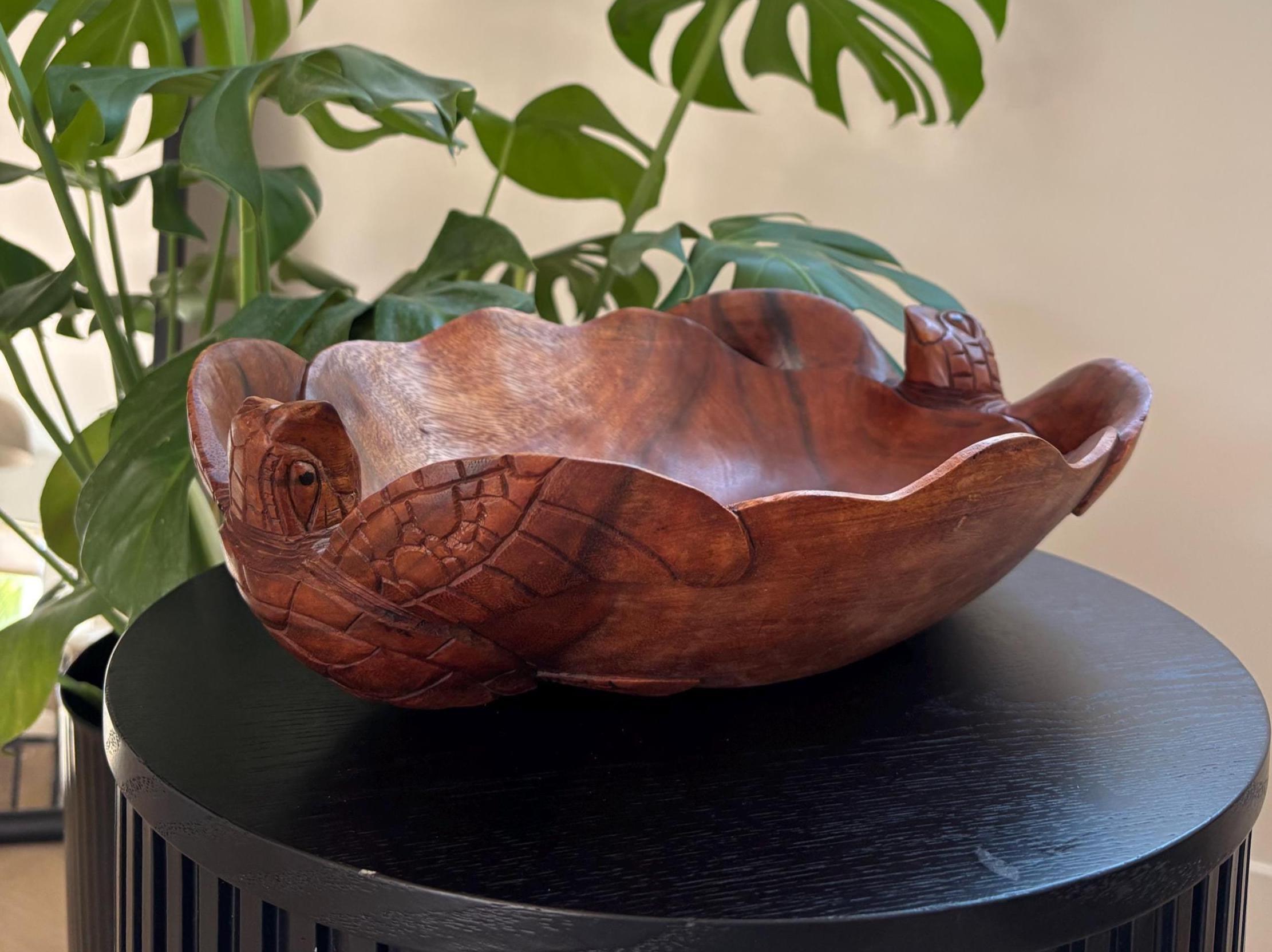 Hawaii Hand Made Home Decor Solid Wood 16" Carved Double Turtle Bowl