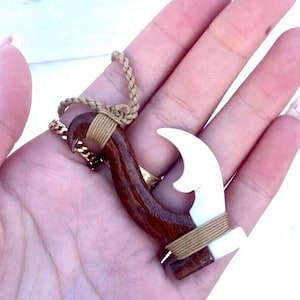 Hawaiian Jewelry Genuine Koa Wood w/ Buffalo Bone Fish Hook Maori Pendant Choker/Necklace