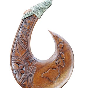 Hawaiian Hand Made Solid Wood Polynesian Fish Hook Island Map Hanging Home Decor