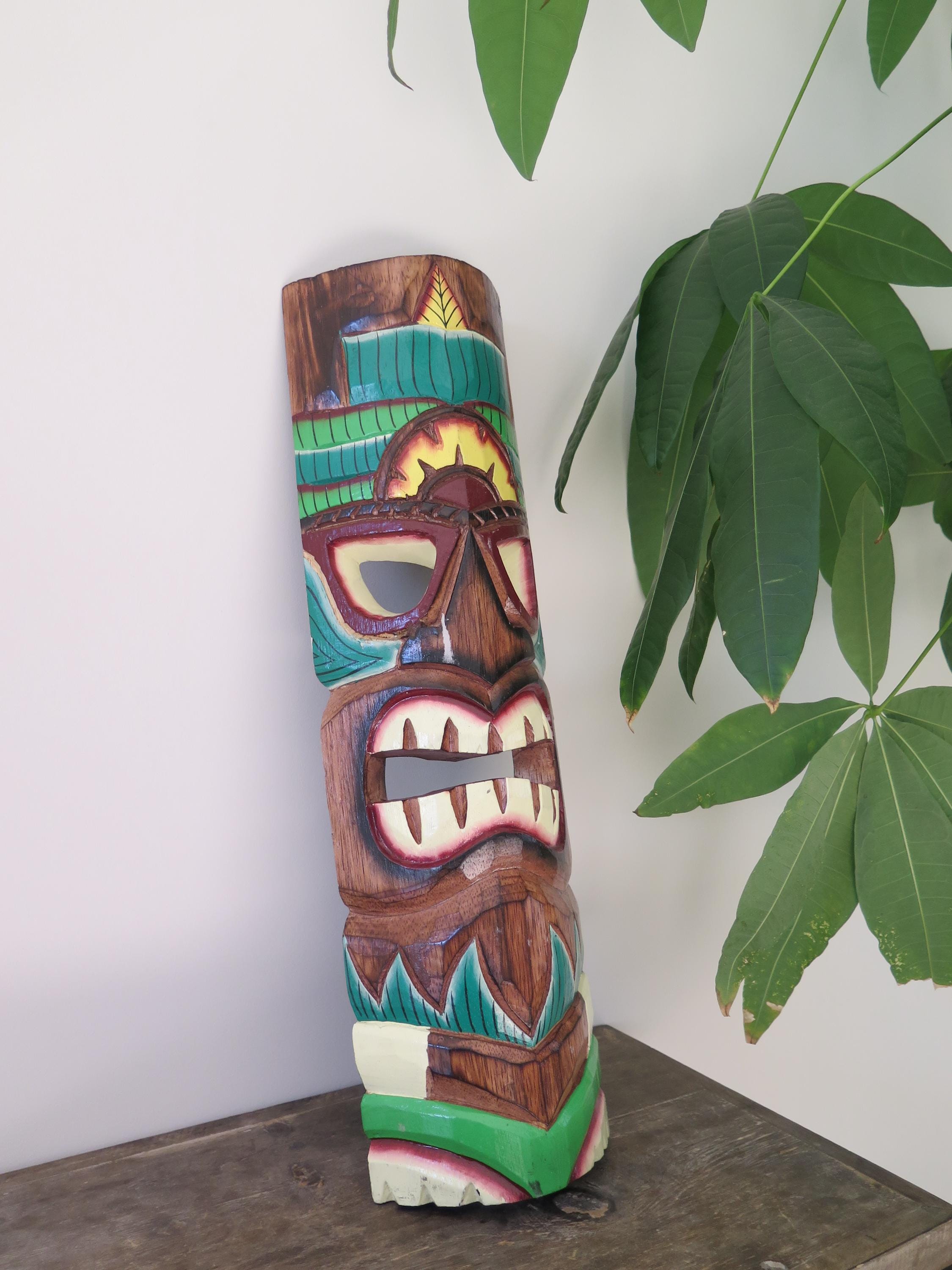 木製 ハワイ Tiki 手彫り (ティキ) 壁掛け像 ティキマスク 木彫り