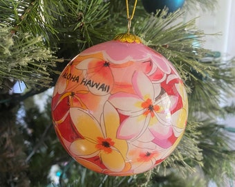 Hand-Painted Hawaiian Pink Yellow Plumeria  Island Flower Christmas Glass Ornament