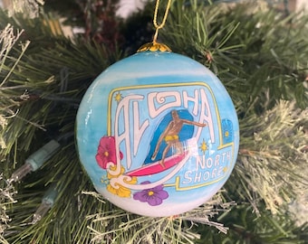 Hawaiian Hand Painted Hawaii Surfing Icon Haleiwa North Shore Mele Kalikimaka Christmas Glass Ornament
