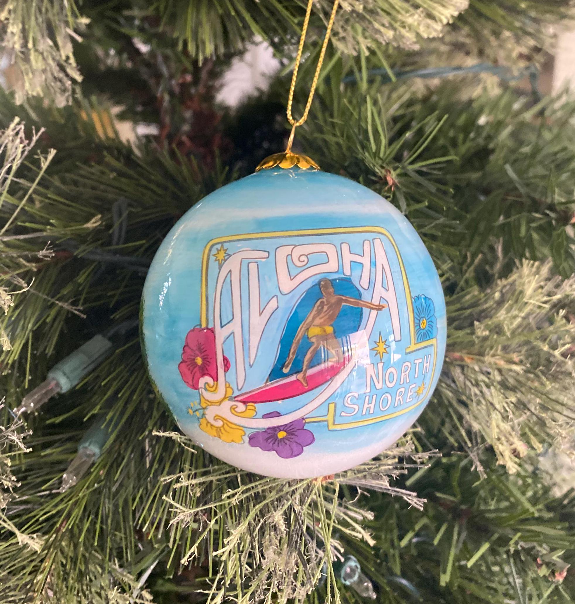 Hawaiian Hand Painted Hawaii Surfing Icon Haleiwa North Shore Mele Kalikimaka Christmas Glass Ornament