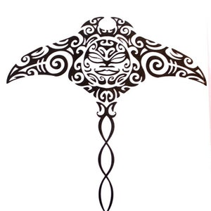 May include: Black and white tribal tattoo design of a manta ray with a stylized face in the center.