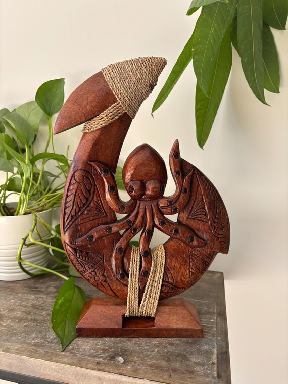 Hawaiian Hand Made Solid Carved Wood Polynesian Octopus on Fish