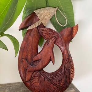 Hawaiian Hand Made Solid Wood Polynesian Fish Hook Dolphin Hanging Home Decor