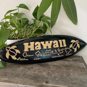Hawaii Hand Made Wall Hanging 20&quot; Carved Wood Surfboard Home Decor Engraved Island Map