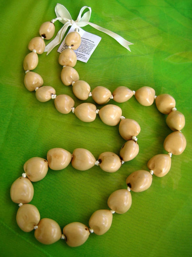Beige Kukui Nut Lei Hawaiian Necklace Luau Wedding Graduation Gift Set of 2 Necklaces