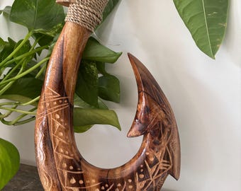 Hawaii Hand Made Wall Decor Plaques Solid Wood Polynesian Fish Hook Engraved Tribal Design