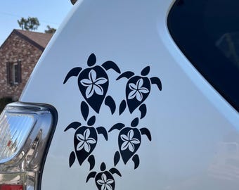 Black 12" Hawaiian Turtles Honu Plumeria Hawaii Vinyl Decal Car / Truck Window Sticker