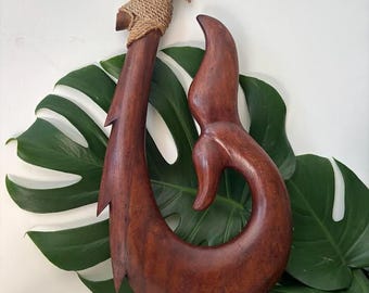 Hawaiian Island Hand Made Wall Decor Plaque Solid Wood 17" Polynesian Fish Hook Whale Tail