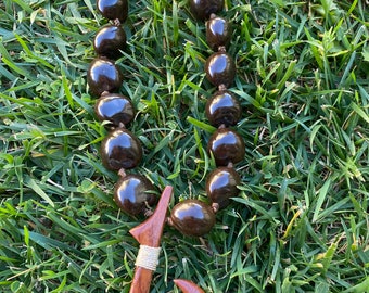 Wood Fish Hook Pendant Choker Brown Kukui Nut Lei  Hawaiian Necklace Luau Wedding Graduation Gift