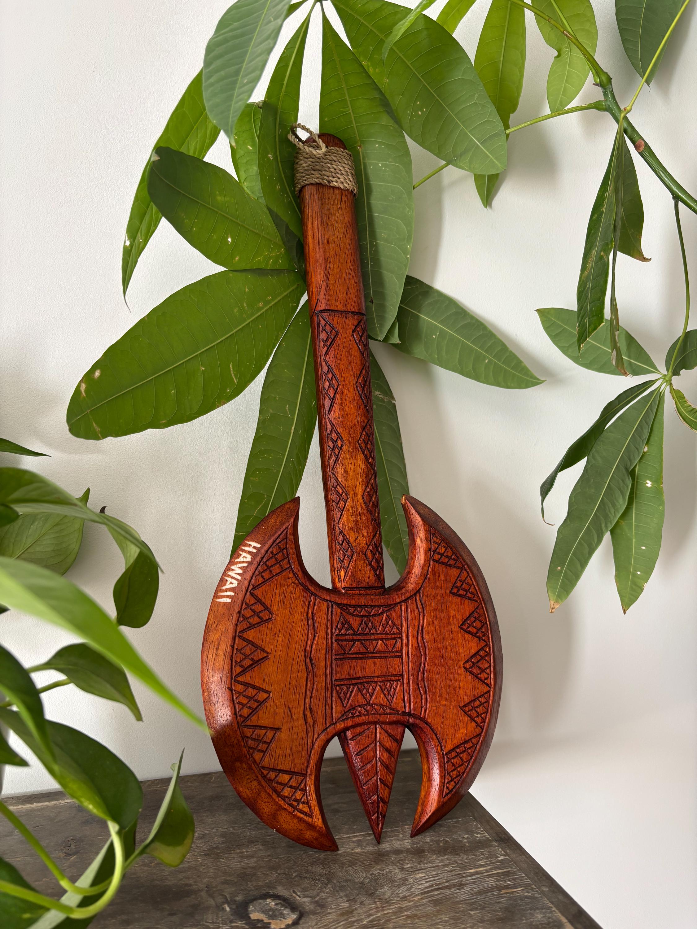 Hawaiian Engraved Hand Made Wall Decor Solid Wood Polynesian Honu Turtle Tribal Design Double Edged Axe