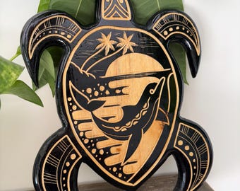 Hawaii Hand Made Wall Hanging Decor Plaques Solid Wood Polynesian Turtle Dolphin Tribal Design