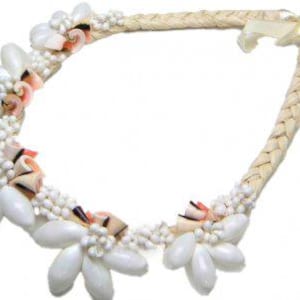 Hawaiian Jewelry White Bubble Shell w/ White Mongo and Pink Shell Raffia Necklace