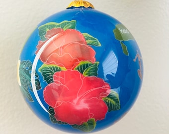 Hawaiian Hand Painted Deep Blue Hawaii Ocean Island Map Tropical Flowers Hula Girl Christmas Glass Ornament