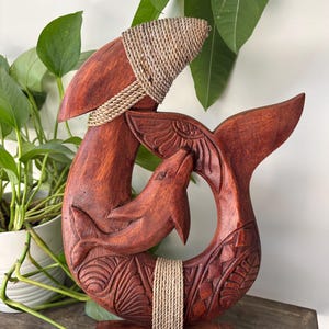 Hawaiian Hand Made Solid Wood Polynesian Fish Hook With Base Dolphin Home Decor