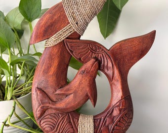 Hawaiian Hand Made Solid Wood Polynesian Fish Hook With Base Dolphin Home Decor