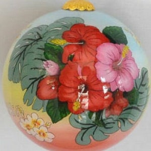 Hand-Painted Hawaiian Red & Pink Hibiscus Hawaii Island Flower Christmas Glass Ornament