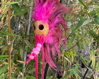 1&quot; Kamani Nut Bright Pink Feathers Ikaika Hawaiian Warrior Helmet Hawaii Car Vehicle Decor
