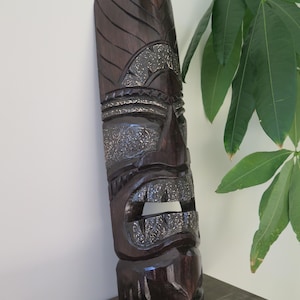 Hawaiian Islands Hand Made Carved Wooden 19&quot; Tiki Mask Wall Decor Hanging Tiki Bar Man Cave