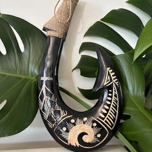 Hawaiian Hand Made Wall Decor Plaques Solid Black Wood Polynesian Fish Hook Engraved Waves Tribal Design