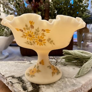 Fenton Hand Painted Floral Satin Ruffled Stemmed Candy Dish, Pedestal Bowl | yellow flowers | custard glass