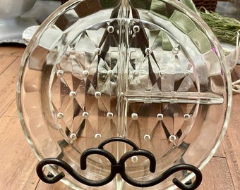 Vintage Clear Diamond and Dot Divided Dish or Relish Dish